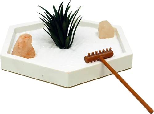 Vista 3 de Kit de jardín zen mini de Nature's Mark para escritorio con arena blanca, rastrillo, base blanca, roca de sal y planta aérea (hexágono)
