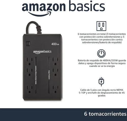 Vista 2 de Amazon Basics UPS - Protector contra sobretensiones y batería de reserva 400VA/255W, 6 tomacorrientes, fuente de alimentación ininterrumpida