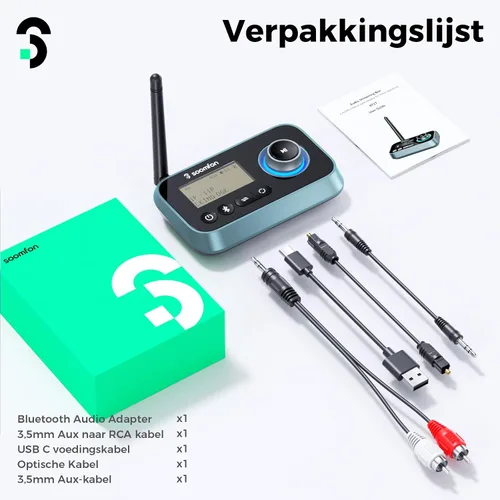 Vista 8 de SOOMFON Transmisor Bluetooth para TV 3 en 1, receptor transmisor Bluetooth 5.0 para TV a 2 auriculares con pantalla LCD volumen ajustable