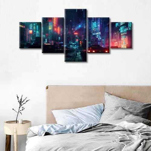 Vista 371 de Cuadros de 5 paneles de Cyberpunk City, arte de pared, representación de vallas publicitarias, edificios modernos en la capital con obras de arte