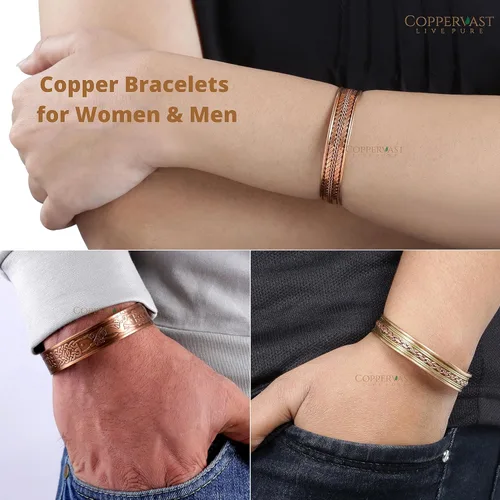 Vista 2 de Pulseras de cobre para hombres y mujeres Juego de 3 con caja de regalo Hecho a mano 100% cobre Regalo para mujeres y hombres