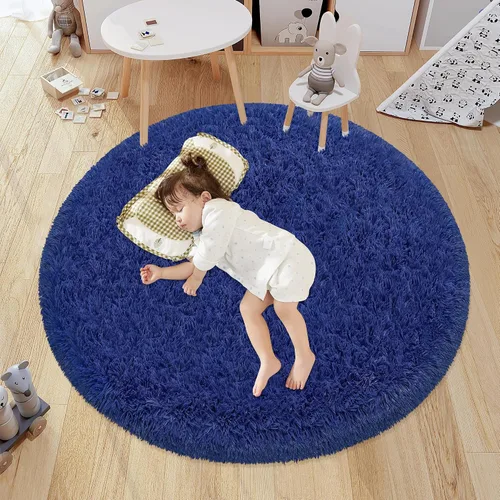 Vista 15 de Alfombra circular pequeña para dormitorio, 2 x 2 pies, color azul, para decoración de habitación de niños, redonda esponjosa para guardería