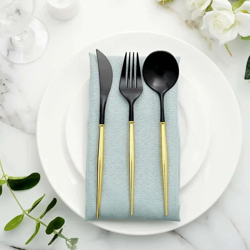 Vista 14 de Efavormart 24 Pack Juego de cubiertos de plástico premium negro/dorado de 6" de 24 piezas, cubiertos desechables modernos y resistentes de plata