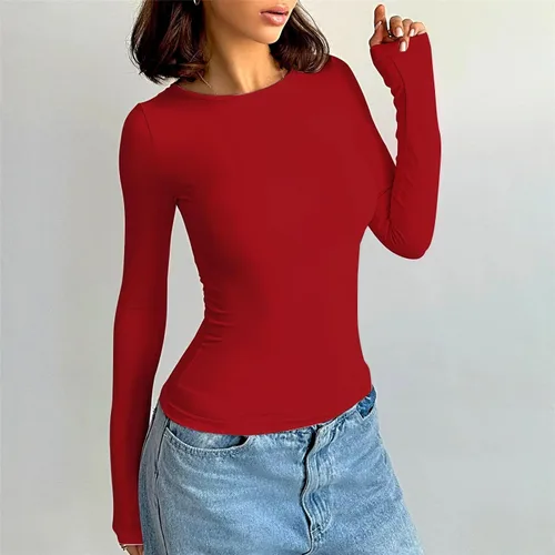 Vista 2 de Camisetas cortas de manga larga con cuello alto para mujer, básicas, ajustadas, para salir, Y2K, ropa de invierno, cuello redondo, camisetas sólidas