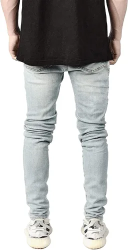 Vista 4 de Pantalones de mezclilla para hombre, estilo vintage, rasgados, estampados, ajustados, estilo hip hop, ajustados, con parches