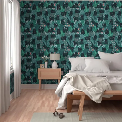Vista 5 de Spoonflower Papel tapiz para despegar y pegar, diseño de gatos del bosque verde, hada, elfos, gatito, verano, primavera, gatito, bebé, niño, papel