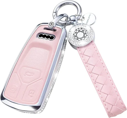 Vista 46 de Funda para llave inteligente con llavero, de piel auténtica color rosa, con cristales, carcasa protectora