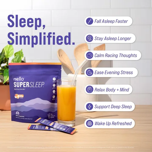 Vista 3 de Nello Supersleep - Mezcla de bebida de apoyo para dormir nocturno, Ashwagandha, Maizinol, L-glicina, glicinato de magnesio, melocotón Dream