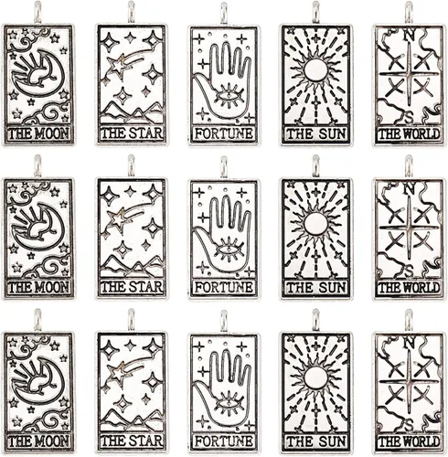 Vista 10 de SUNNYCLUE 10 piezas de 10 estilos de acero inoxidable Tarot Card Tarot Card Charms Collar Colgante Delicado Joyería Encantos para DIY Accesorios