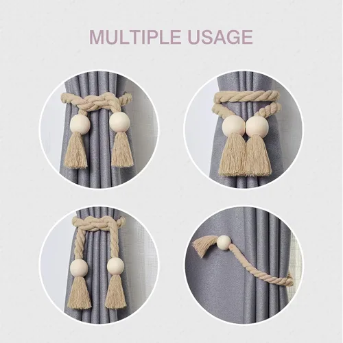 Vista 6 de NICEEC 6 Pack de alzapaños magnéticos de bola de madera para cortinas, decoración boho para el hogar, lazos de cortina tejidos a mano con cuerda