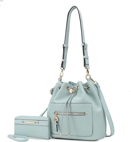 Vista 19 de MKF Collection Bolso bandolera para mujer, bolso de hombro con cordón, bolso de mano de moda con cartera de muñeca