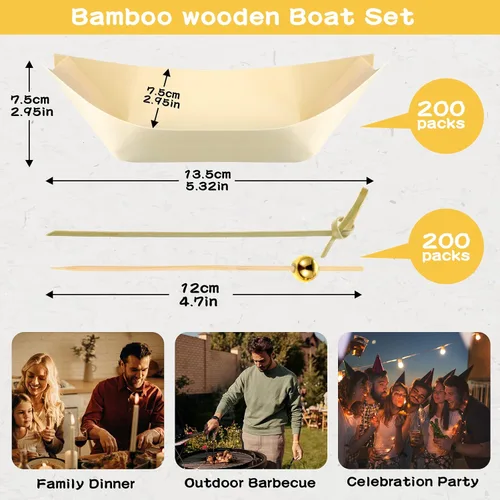 Vista 2 de Juego de 400 platos desechables de bambú de madera para sushi barco de bambú incluye 200 platos de aperitivo de 5 pulgadas, bandeja para servir