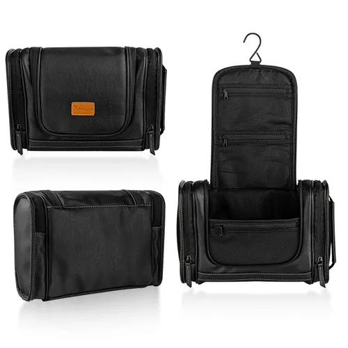 Vista 3 de MIRASON Neceser de viaje, bolsa de aseo colgante para hombres, bolsa de ducha de viaje de cuero para artículos de tocador, bolsa de baño con gancho