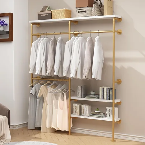 Vista 9 de HOMEKAYT Perchero Industrial de Tubería para Ropa, Perchero de Pared con Estantes, Estante Colgante de Ropa Multiusos de Servicio Pesado - 70.8''L