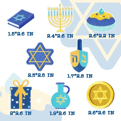 Vista 2 de 8 parches termoadhesivos de Hanukkah con estrella de David, velas Dreidel para coser y reparar, apliques bordados, accesorios para manualidades