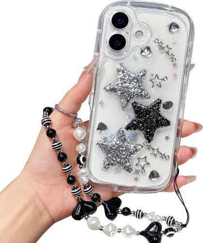Vista 13 de Compatible con iPhone 11 Pro Funda Transparente Bonita con Diseño de Estrella con Purpurina en 3D con Perlas y Pulsera de Perlas, Diseño de Cadena