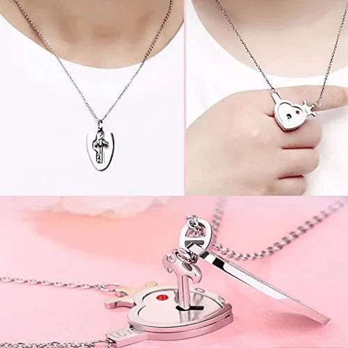 Vista 5 de Vanski Juego de collar de acero inoxidable para parejas con candado de corazón y llave, Metal, Circonia cúbica
