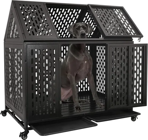 Vista 8 de Jaula resistente de 44 pulgadas para perros con ruedas, de acero indestructible a prueba de escapes, para perros de alta ansiedad, grandes