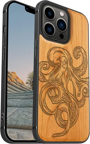 Vista 11 de Carveit Funda magnética de madera para iPhone 13 Mini [madera natural y TPU suave negro] funda protectora de madera única y elegante a prueba