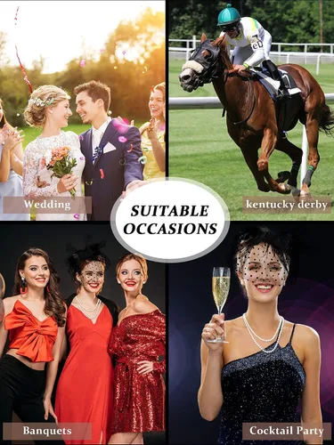Vista 6 de Honoson Juego de 4 Sombreros Fascinadores para Mujer, Accesorio de Tocado para Fiesta de Té, Velo, Guante de Encaje, Juego de Perlas, Boda Negro
