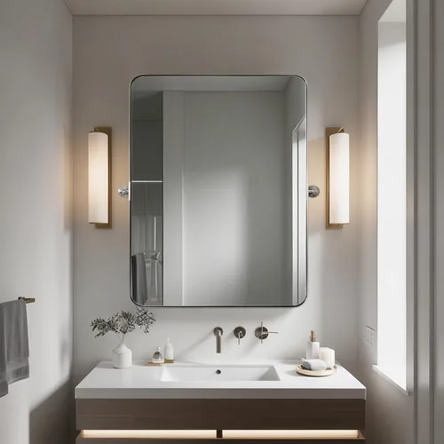 Vista 21 de Espejo giratorio Moon Mirror de oro cepillado, espejo inclinable de latón para tocador rectangular para baño, medidas totales 24.33 x 28 pulgadas