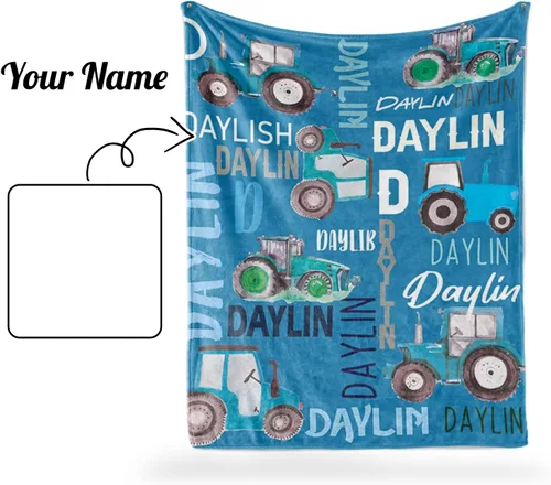 Vista 8 de Manta personalizada de tractores, nombre personalizado con diseño de camiones de tractor agrícola, manta de cama de franela de felpa suave