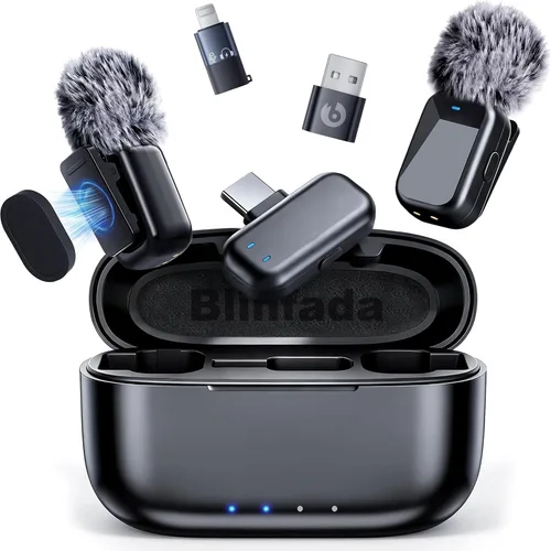 Vista 12 de Mini micrófono inalámbrico Lavalier para iPhone y cámara Android, micrófonos inalámbricos de doble canal con cancelación de ruido AI, rango de 328