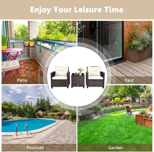 Vista 7 de Moderno juego de muebles de mimbre beige de 3 piezas para patio con cojines resistentes al agua y mesa de vidrio templado