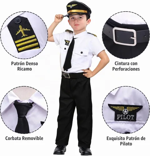 Vista 6 de Disfraz de piloto para niños, traje de avión con sombrero, accesorios