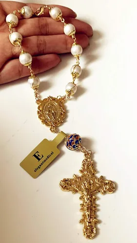 Vista 4 de elegantmedical Hecho a mano alambre de oro envuelto 10MM perlas reales oración católica una década rosario pulsera cruz regalo y caja