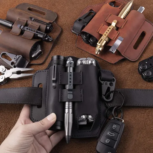 Vista 8 de Gentlestache - Funda de cuero para Leatherman, funda multiherramienta, EDC, organizador de bolsillo con llavero para cinturón y funda para linterna