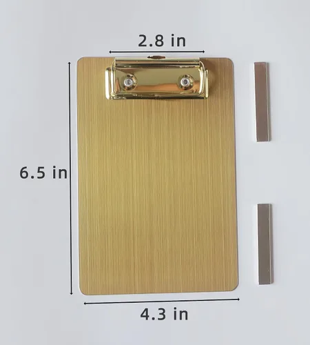 Vista 3 de Portapapeles magnéticos de acero inoxidable 4 x 6, portapapeles dorados pequeños tamaño A6, tablero de clip de metal con clip de perfil bajo