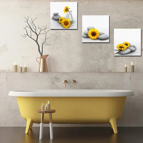Vista 3 de Biuteawal Lienzo de girasol para pared, 3 piezas, pintura amarilla y gris, relajante con piedra zen, ilustraciones impresas para spa, baño, sala