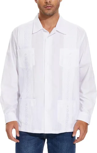 Vista 14 de MAXJON Camisas de guayabera de manga larga para hombre, camisas cubanas