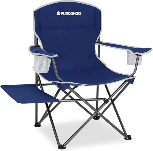 Vista 9 de FUNDANGO Silla de camping acolchada plegable, portátil con respaldo completo para exteriores, con soporte para tazas y mesa auxiliar, bolsillo Negro