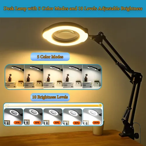 Vista 6 de Lámpara de escritorio con lupa de 15X con base de metal, 5 modos de color, 10 niveles de brillo ajustable, brazos de aluminio flexibles giratorios