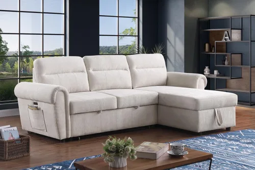 Vista 4 de Lilola Home Hugo Sofá modular reversible de felpilla beige de 97 pulgadas con diván de almacenamiento, cama extraíble, puertos de carga USB
