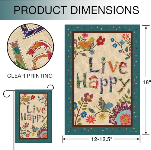 Vista 2 de Hzppyz Live Happy - Bandera decorativa pequeña para jardín con flores, pájaro, primavera y verano, cita inspiradora para casa, patio, decoración