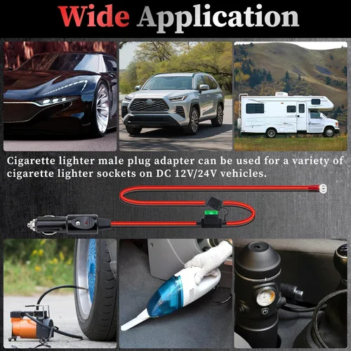 Vista 7 de Enchufe de encendedor de cigarrillos resistente de 12 AWG, cable adaptador de enchufe macho de encendedor de cigarrillos de 10 pies con luces LED