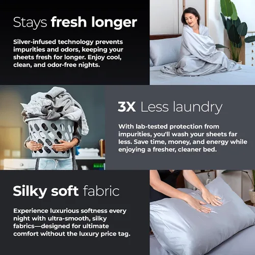Vista 5 de Silvery Juego de sábanas de cama con infusión de plata - Tela de auto-enfriamiento galardonada con tecnología de auto-limpieza Silvery™ que se Gris