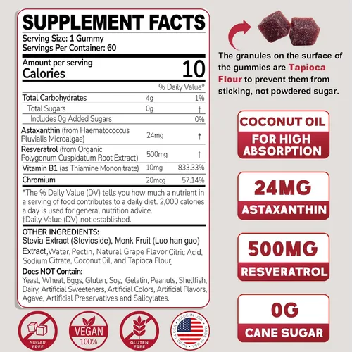 Vista 2 de Suplementos de astaxantina de 24 mg con resveratrol, vitamina B1, aceite de coco, antioxidantes orgánicos de algas para hombres y mujeres