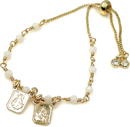 Vista 6 de Pulsera escapular católica con cuentas de cristal blanco ajustable M Cristal Chapado en oro