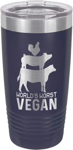 Vista 8 de Taza de viaje con pajita grabada a láser con citas de barbacoa, de la marca World's Worst Vegan, de 20 onzas, para comparar con Yeti Rambler