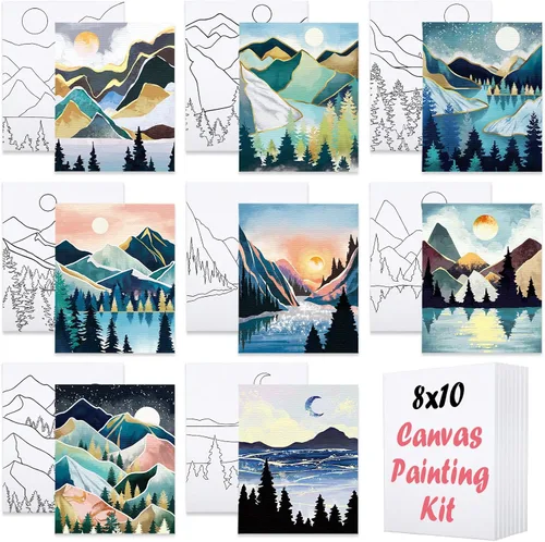 Vista 8 de Paquete de 8 lienzos predibujados para pintar para adultos, suministros para fiestas de pintar y beber, juego de pintura en lienzo para artistas