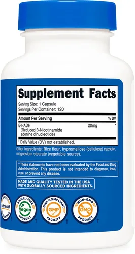 Vista 5 de Nutricost Suplemento NADH (20 mg) 120 cápsulas - Dinucleótido de adenina B-nicotinamida, vegano, sin gluten