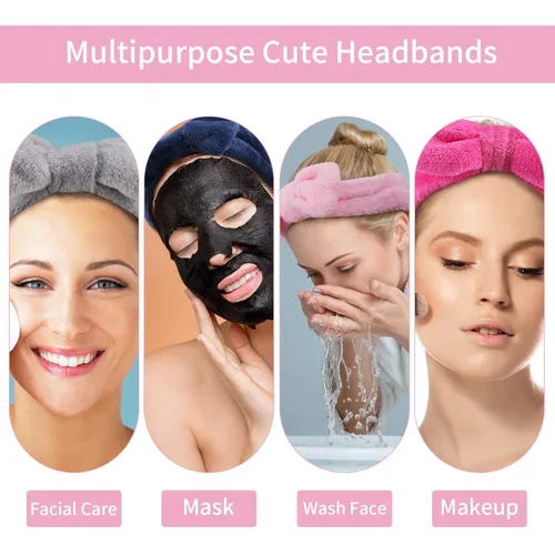 Vista 4 de Ondder Paquete de 8 diademas de maquillaje con lazo, bandas para el cabello cosmético facial esponjosas para mujeres y niñas, ideales para lavar