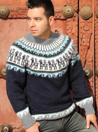 Vista 2 de Suéter de alpaca Gamboa para hombre, lana ligera y suave, de cuello redondo, tejido a mano, suéteres de otoño e invierno Azul