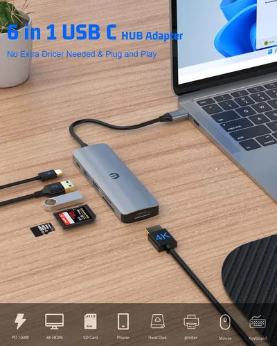 Vista 2 de Estación de acoplamiento, concentrador USB-C 6 en 1 TOTU que permite impresionantes pantallas HDMI 4K, transferencias de archivos ultrarrápidas de 5