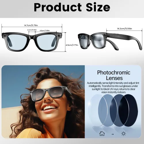 Vista 8 de AI Gafas Inteligentes, Gafas con Cámara Anti-Sacudida de 800W con Grabación de Video y Micrófono Dual, Interpretación Simultánea/Identificación