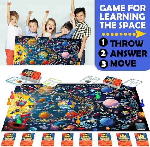 Vista 2 de QUOKKA Juego de Mesa Espacial para Niños de 8-12 años - Juego Familiar Educativo para Adolescentes y Adultos - 130 Tarjetas de Preguntas - Datos